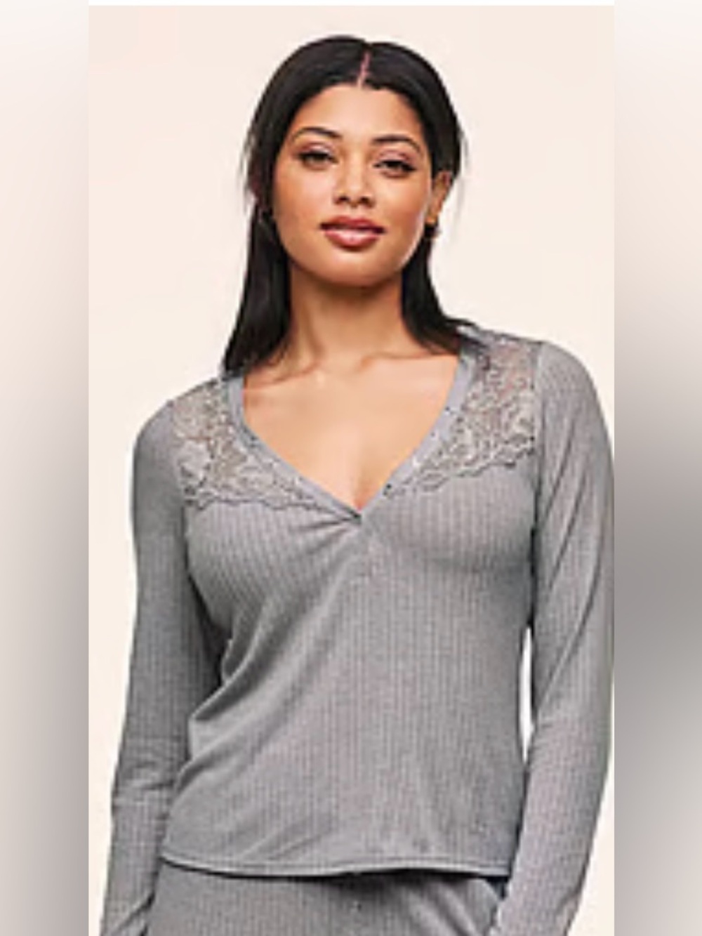 MAKE OFFER! Subtle Snuggles This Fall! Gray Ribbed Lace Yoke Long Sleeve Top